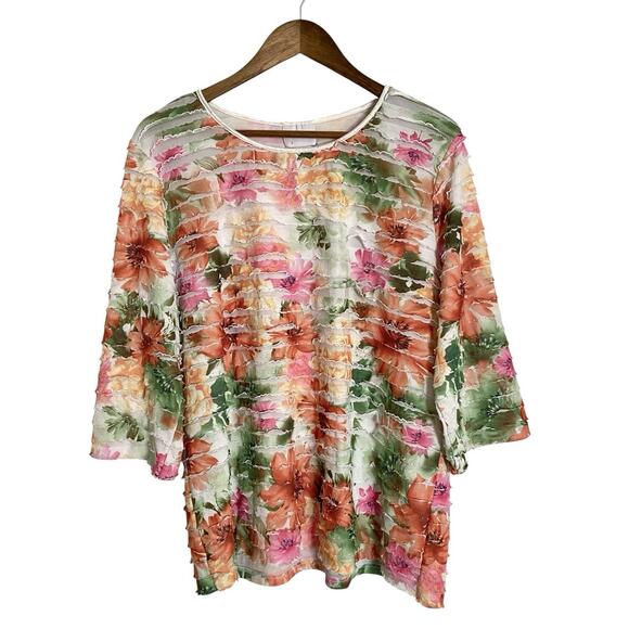 Bon Worth Top Shirt Blouse Womens XL 16 18 Pink White Ruffles Tiered 3/4 Sleeve - Picture 1 of 7